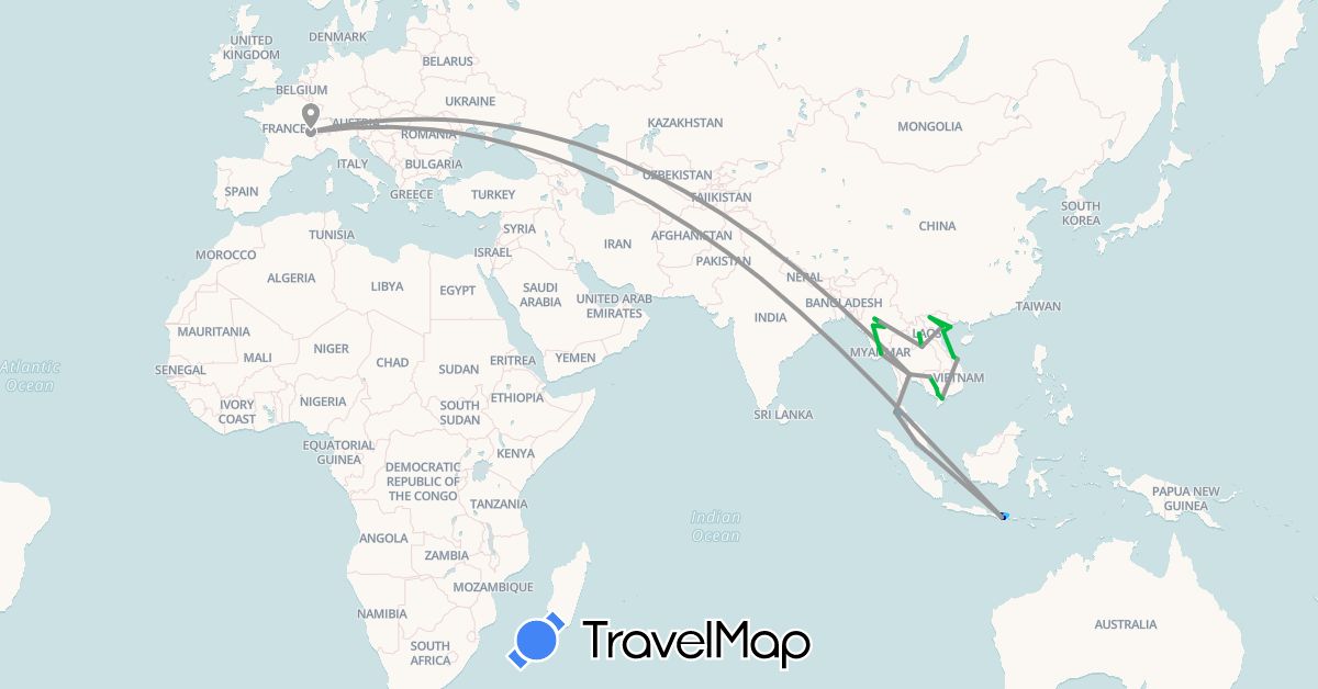 TravelMap itinerary: driving, bus, plane, boat, motorbike in Switzerland, Indonesia, Cambodia, Laos, Myanmar (Burma), Malaysia, Singapore, Thailand, Vietnam (Asia, Europe)